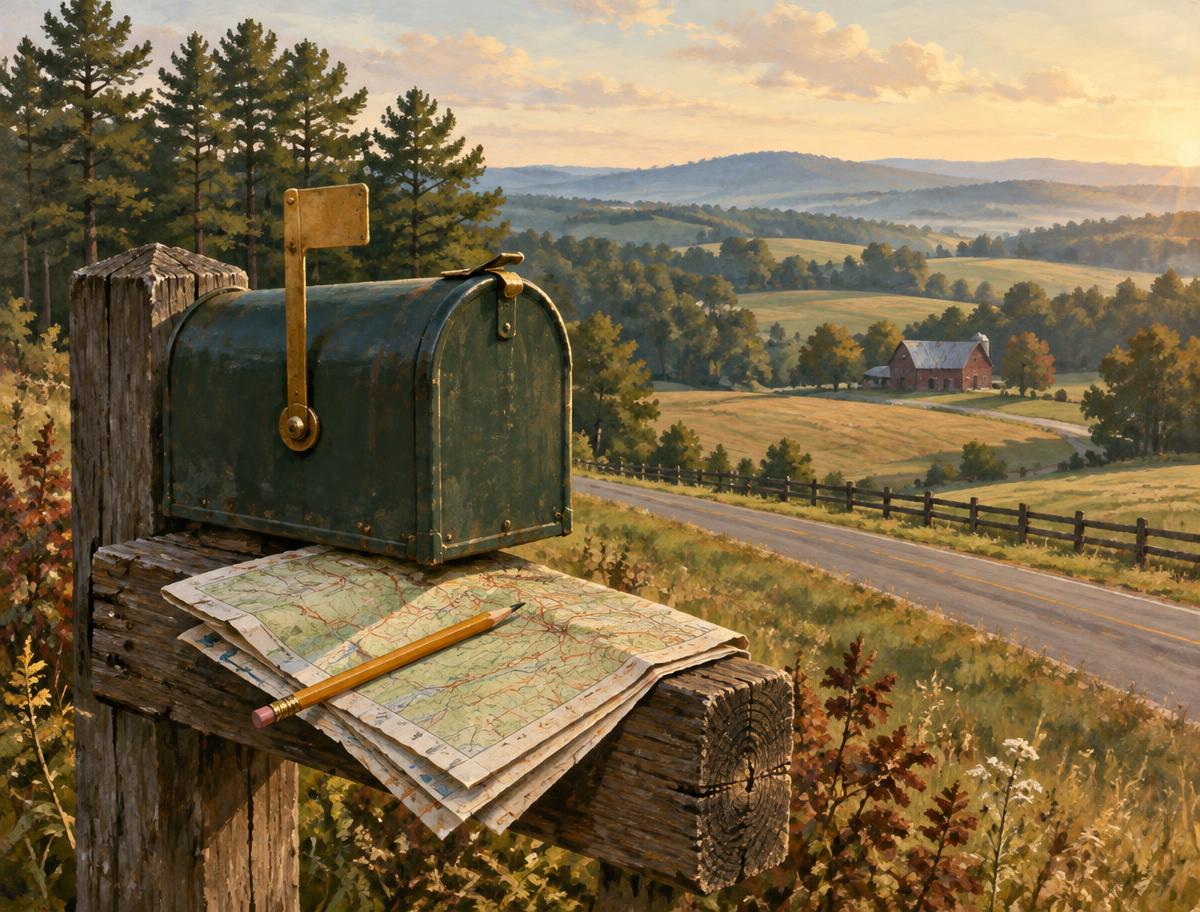 Illustration of a roadside mailbox with a folded map and rolling fields beyond